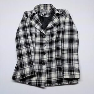 Miss Lili Black White Plaid Wool Blend Button Front Blazer Jacket Small